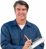 HVAC technician smiling with clipboard