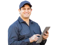 Hvac technician holding ipad and smiling